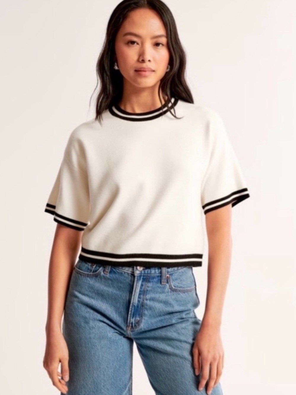 Abercrombie & Fitch White Short-Sleeve Knit with black trim